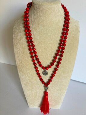 Long Red Beaded Tassel Necklace Tree of Life Boho Layered Statement 44”